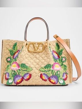 NWT VALENTINO GARAVANI Floral Embroidered Raffia Medium Shopping Tote Bag